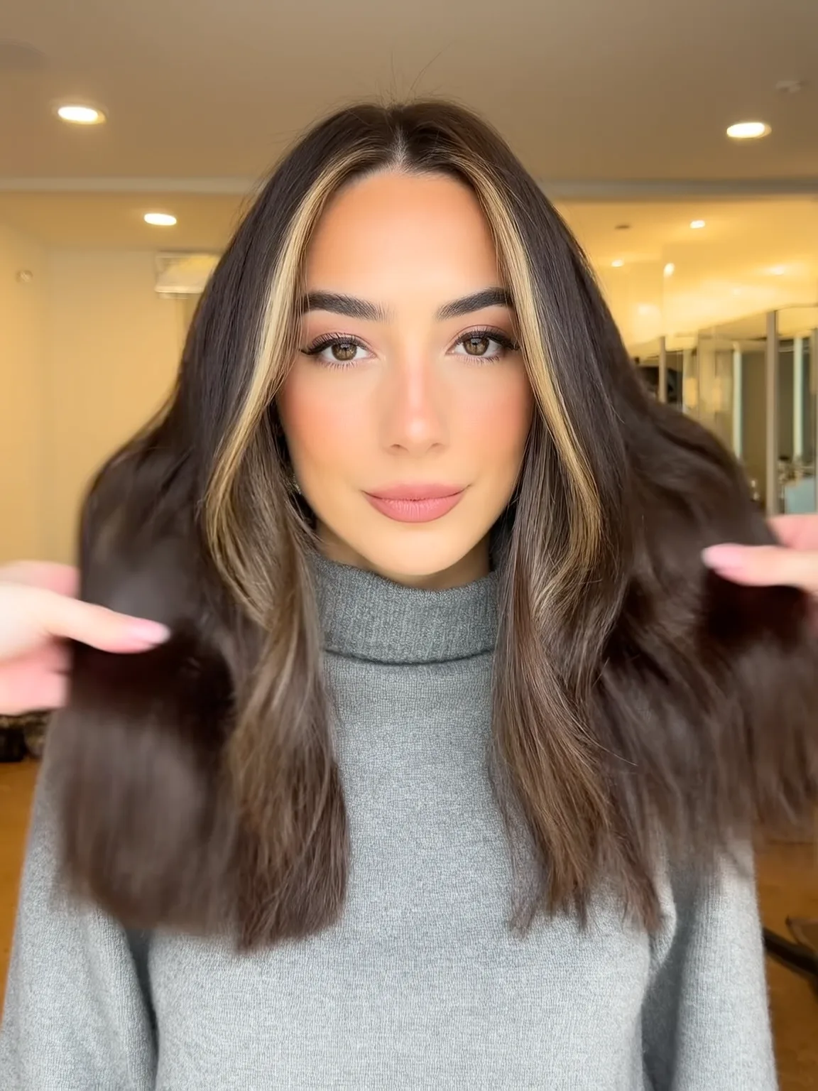 Layered Chocolate Brown Cut with Blonde Money Piece Highlights
